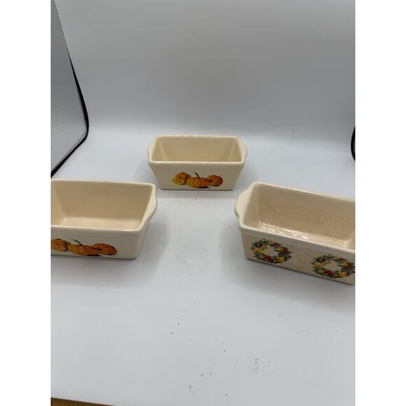 Set of 3 Mini Ceramic Loaf Pans Fall & Holiday Designs Pumpkin Wreath 6.5” - Picture 5 of 9